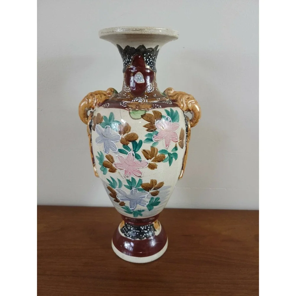 Vintage Japanese Satsuma Moriage Vase Floral Double Handle Hand Painted 12